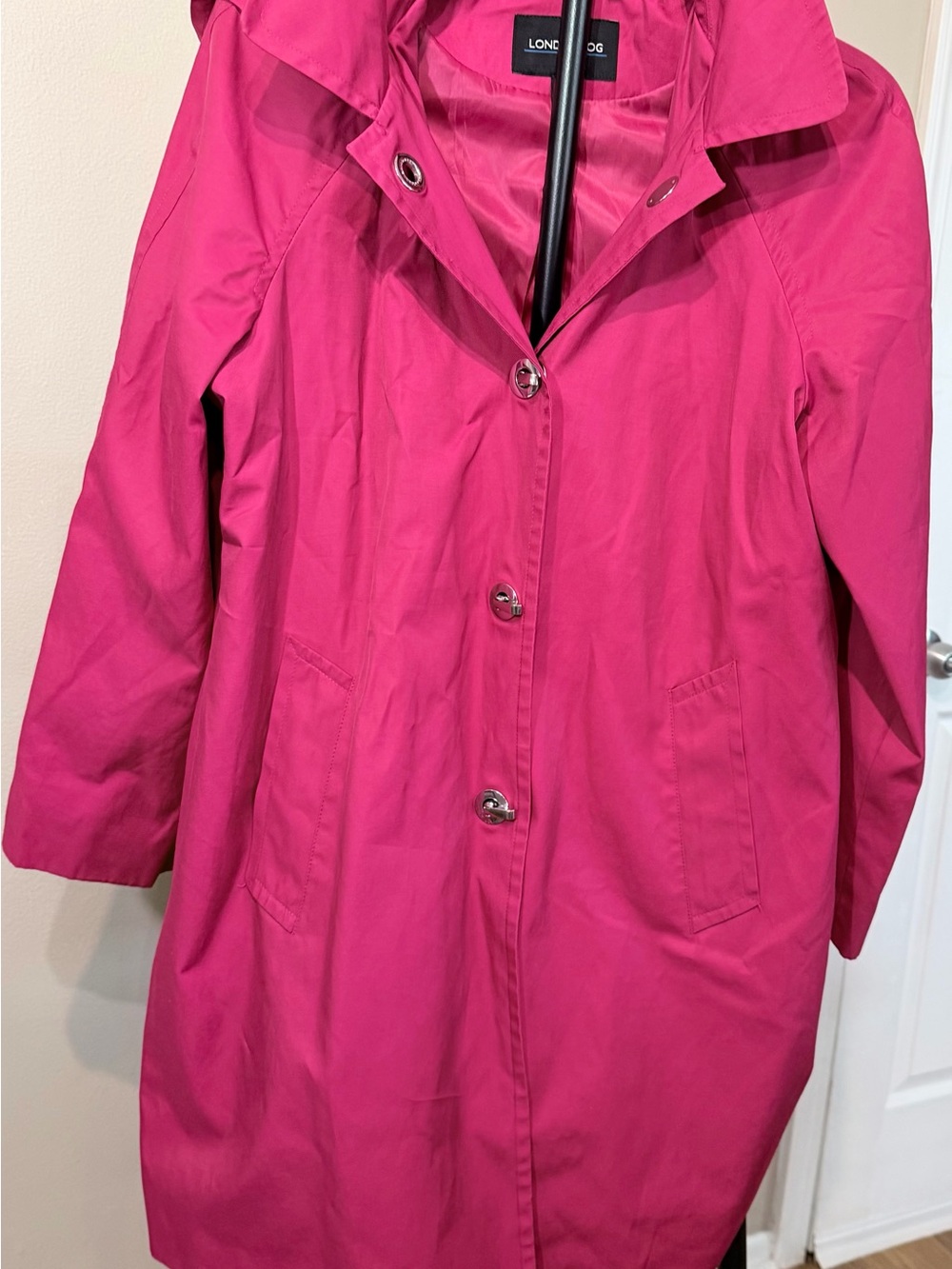 London Fog Women's Pink Hooded Button Front Rain Coat Pockets Mid-Length L